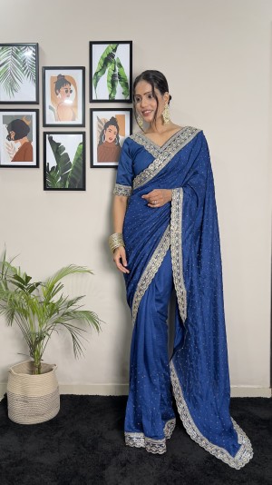 Latest Vichitra Silk blue Saree for Women