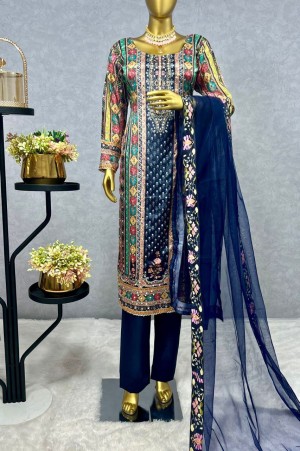 Designer pure chinon silk blue top bottom with dupatta