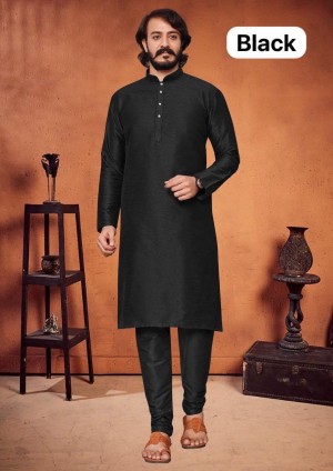 Designer presenting new silk black traditional kurta with pajama