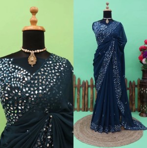 Pure Georgette Saree With Mirror Embroidery And Unstitched Blouse