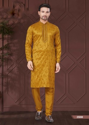 Designer embroidery and sequnce pure silk yellow kurta pajama