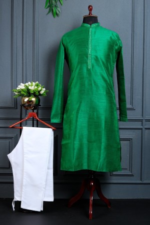 Latest traditional embroidery silk cotton green kurta with pajama