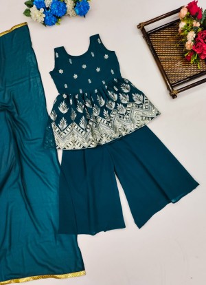 Designing faux georgette teal top plazzo with dupatta