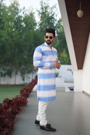 Designer embroidery cotton blue kurta with pajama