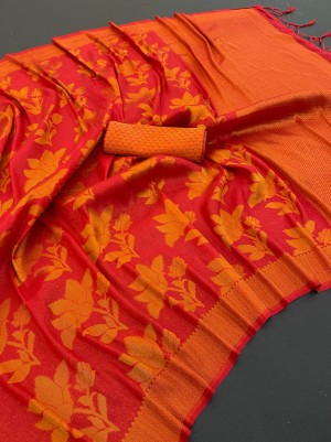 Designer jacquard soft silk orange saree