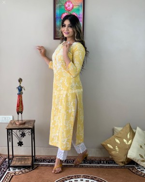 Printed embroidery rayon yellow kurti pant