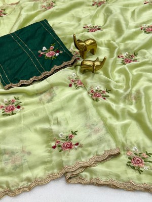 Beautiful zari embroidered pure chiffon green saree