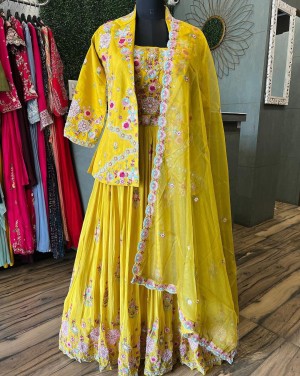 Multi thread sequence embroidery chinon yellow sharara dupatta