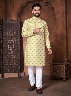 Designer embroidery cotton yellow kurta with pajama