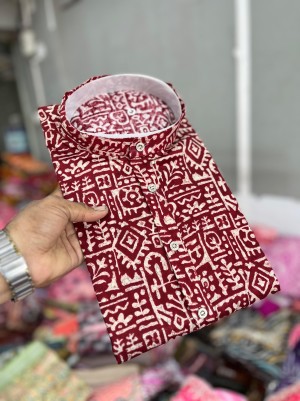 Designer printed cotton maroon kurta pajama