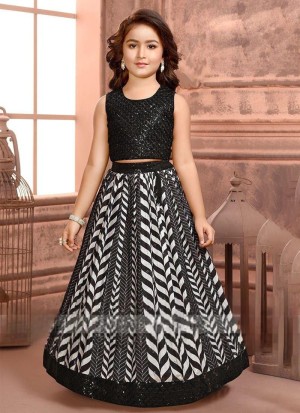 Embroidered with printed cotton chinon silk black lehenga choli