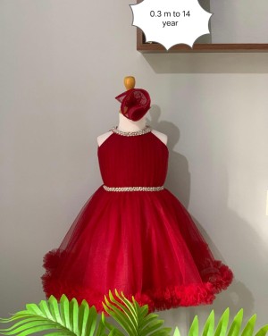 Designer stitching soft cotton red dress