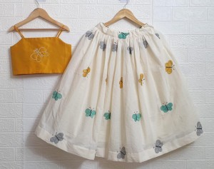 Designer stitching soft cotton yellow skirt and top