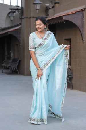 Heavy multistiched border kota doriya sky blue saree