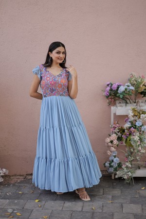 Designer Faux Georgette Silver Blue Gown