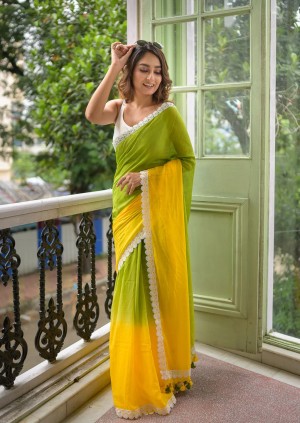 New Latest Cotton yellow Green saree