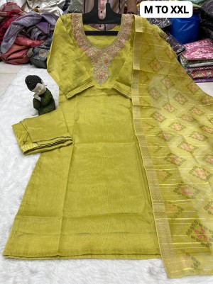 Heavy embroidery silk jacquard yellow kurti pant with dupatta