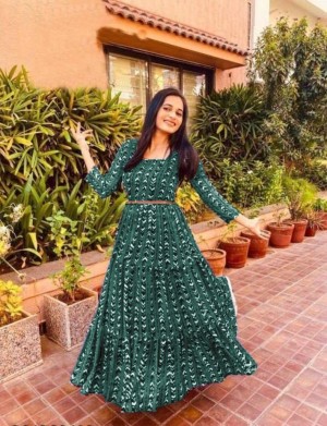 Fancy printed square neck georgette green dress