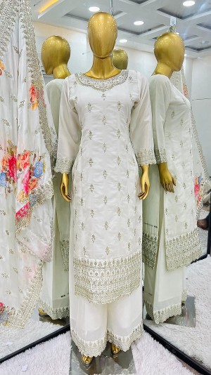 Embroidery Chinnon silk heavy white kurti dupatta set