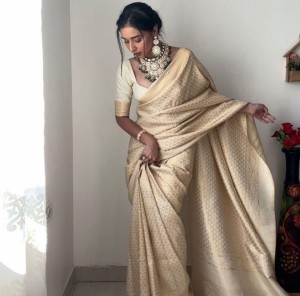 Beautiful weaving soft lichi silk cream saree