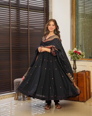 Digital printed stitched cotton black anarkali