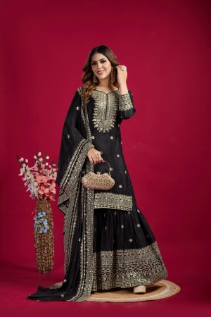 Embroidered full sleeve micro cotton chinon silk black sharara set