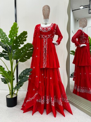 Beautiful thread faux georgette red sharara plazzo dupatta