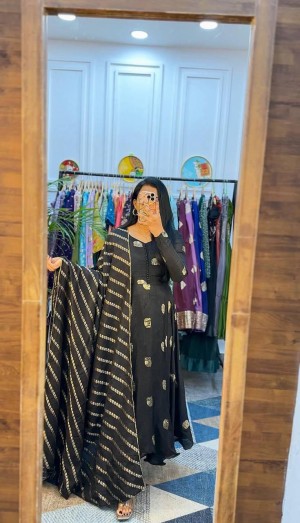 Beautiful embroidery chinnon silk black gown with dupatta