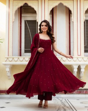 Latest exclusive sleeveless faux georgette maroon anarkali suit