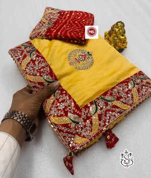 Beautiful riyon bhandhini border soft silk yellow saree