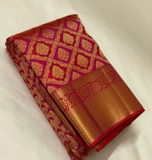 Beautiful organic Banarasi lichi silk red saree