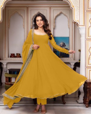 Designed premium georgette micro cotton yellow gown set