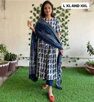 Beautiful nyra cut print rayon cotton dark blue kurti pant dupatta