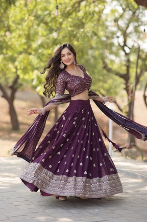 Designer heavy sequins thread embroidered cotton wine lehenga choli dupatta