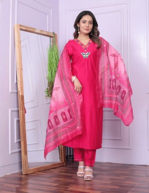 Beautiful hand work viscose denting cotton rani kurti pant dupatta