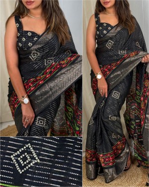 Beautiful bandhani printed muslin cotton zari jacquard black saree