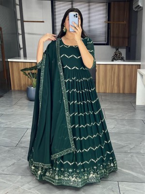 Beautiful embroidery sequence lace border heavy georgette green saree