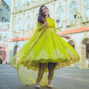 Designer fully embroidery heavy georgette yellow anarkali gown