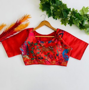 Beautiful printed hand work pure silk red blouse