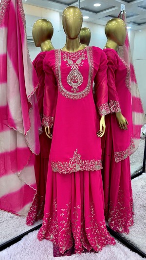 Beautiful embroidery sequence heavy faux georgette deep pink palazzo suit dupatta