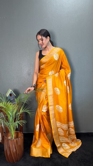 Beautiful printed blouse zari soft cotton yellow saree