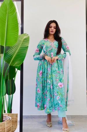 Beautiful lace printed soft chiffon sky blue dress dupatta pant