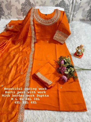 Designer beautiful decorated heavy pure muslin orange kurta dupatta pant