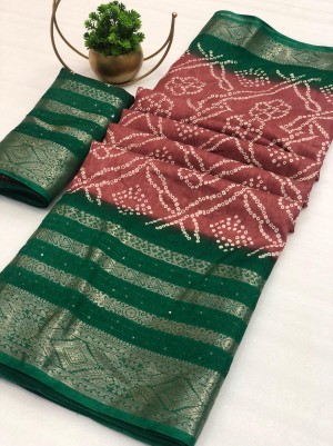 Beautiful printed pallu sequence soft silk green saree