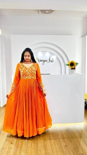 Beautiful designer thread embroidery georgette orange dress