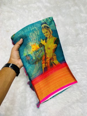 Latest digital printed soft pure lenin orange saree