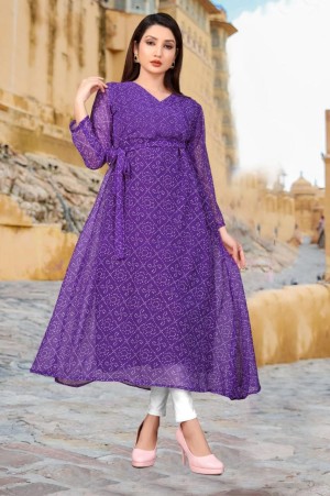 Beautiful printed v neck full sleeve georgette purple kurti