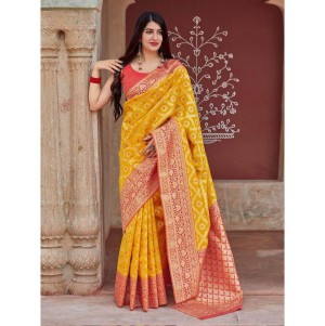 Beautiful designer rich pallu jacquard soft lichi silk yellow saree