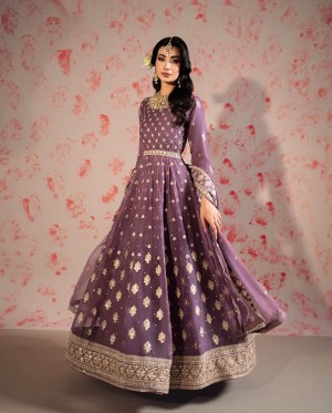 Beautiful heavy embroidery pure chinnon silk micro cotton purple gown