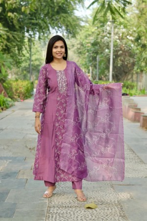 Beautiful printed digital heavy roman silk purple kurti pant dupatta